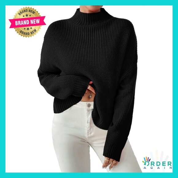 Sweaters - Cropped Mock Neck Sweater Ribbed Knit Pullover Loose Fit Y2K Chic